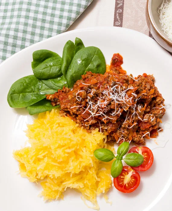 Turkey Bolognese and Spaghetti Squash with Mixed Green Salad and Creamy Vinaigrette