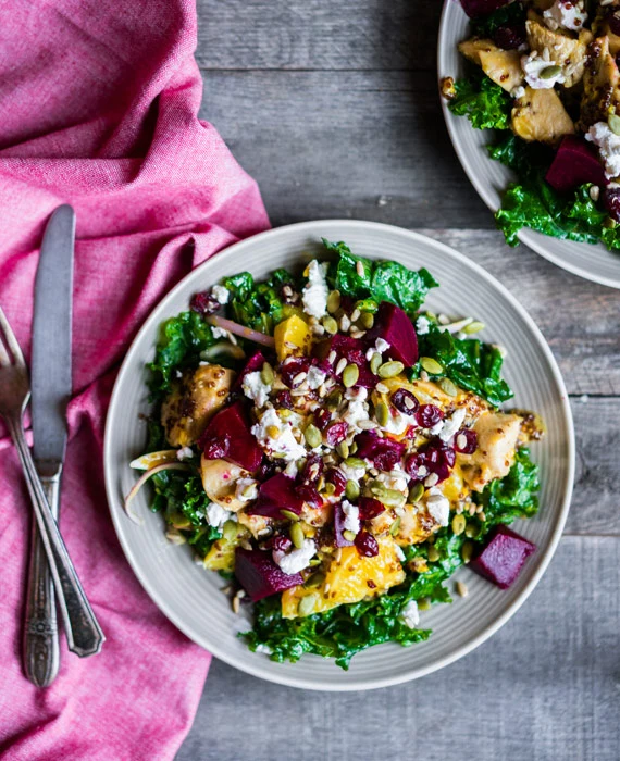 Chicken, Kale and Roasted Beet Salad with Pumpkin Seeds