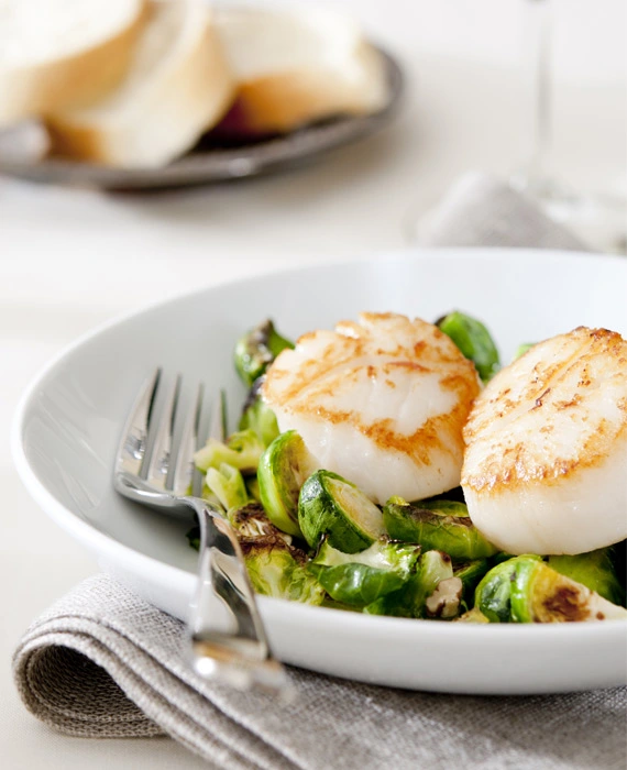 Seared Wild Scallops and Brussels Sprouts with Roasted Sweet Potatoes