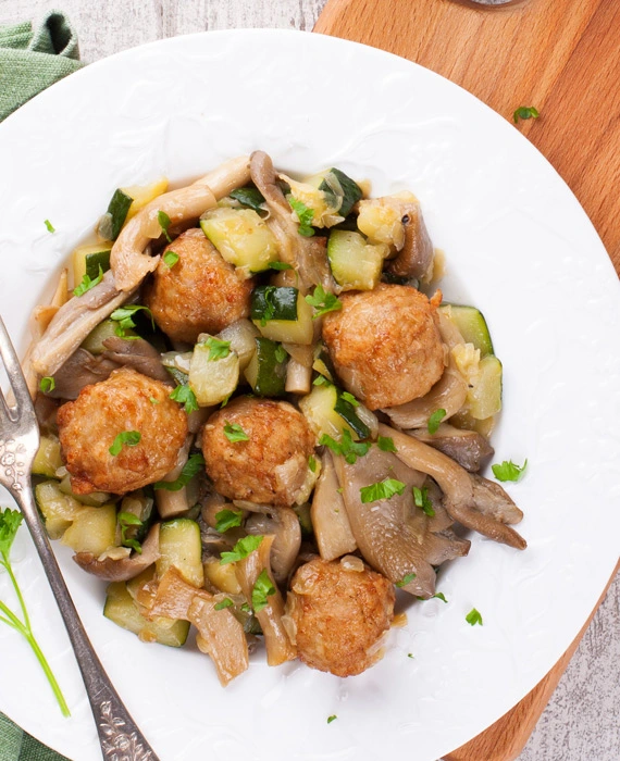 Savory Chicken Meatballs with Zucchini and Portabellas