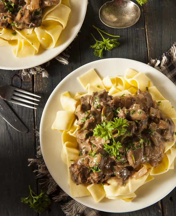Paleo Beef Stroganoff with Grain-Free Noodles and Broccoli Rabe