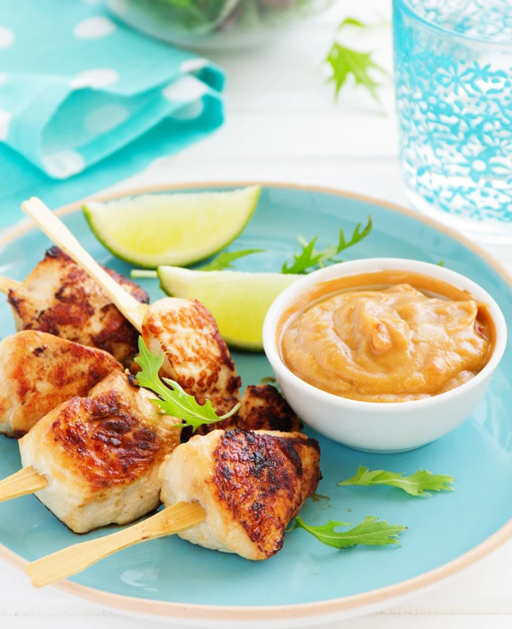 Chicken Satay with Not-Peanut Sauce and Cucumber Salad