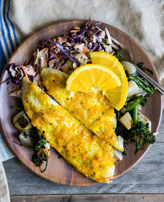 Cassava-Crusted Flounder with Cabbage Slaw + Broccoli