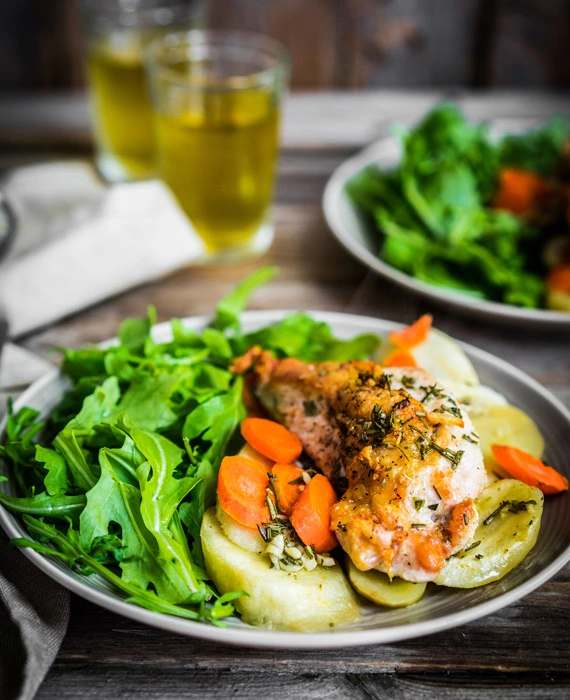 Roast Chicken Breast with Rutabagas, Carrots + Arugula