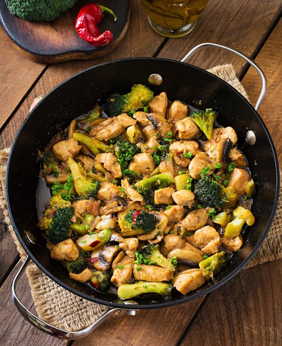 Asian Chicken Broccoli + Mushroom Stir Fry with Cauliflower Rice