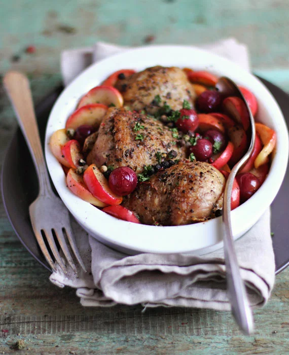 Spice-Roasted Chicken Thighs with Apples + Grapes with Wilted Spinach