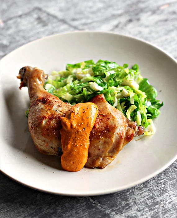 Roast Chicken with Romesco and Superfat Brussels Sprouts 