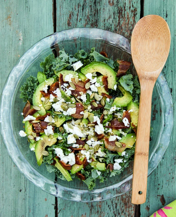 Kale, Avocado and Bacon Salad with Feta Cheese and Pumpkin Seeds
