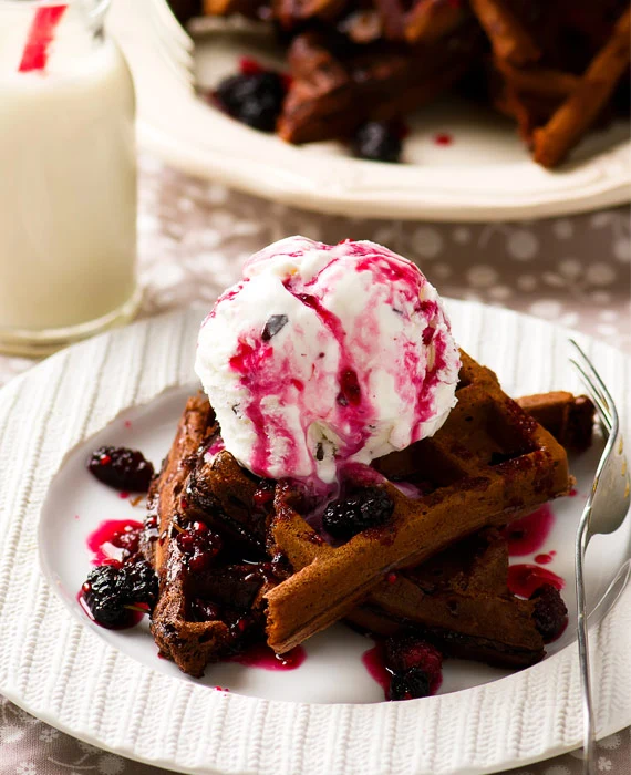 Paleo Chocolate Belgian Waffles with Whipped Cream and Blackberries
