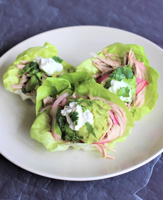 Pork Taco Lettuce Wraps with Pickled Red Onion, Chimichurri & Guacamole