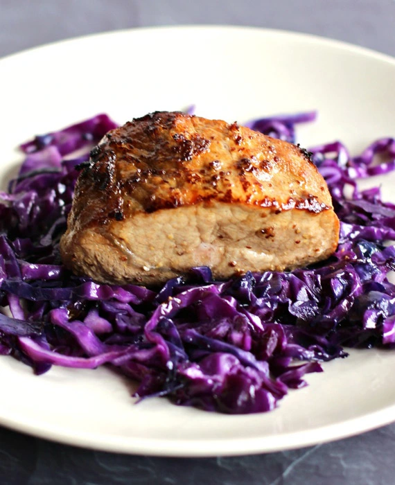 Pork Chops with Braised Red Cabbage and Basil Pesto