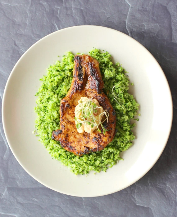Asian-Style Pork Chops with Brocco-Rice and Ginger Mayonnaise 