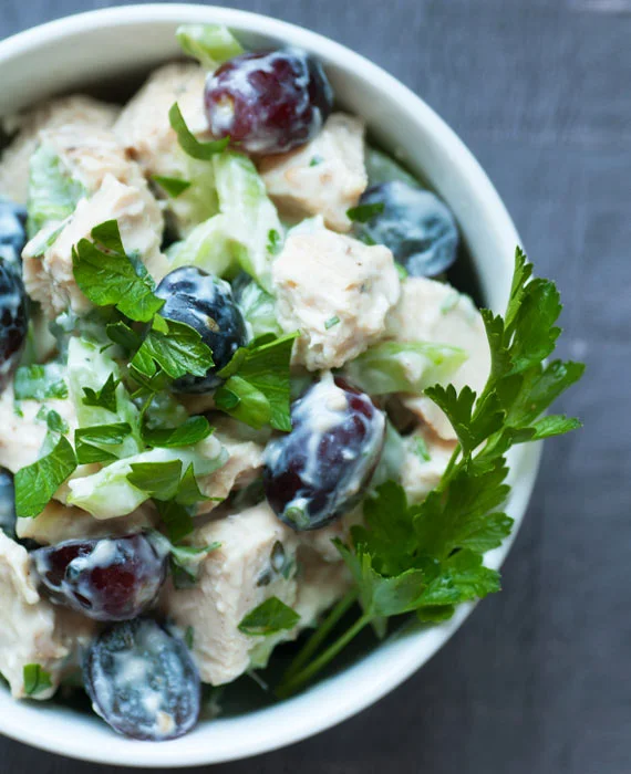 Paleo Chicken Salad with Grapes over Arugula
