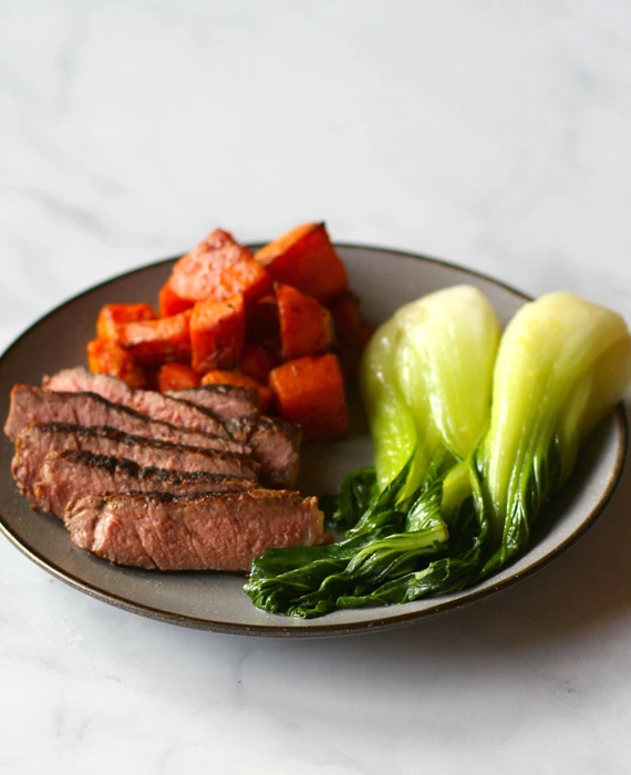 Steak with Bok Choy and 5-Spice Sweet Potatoes