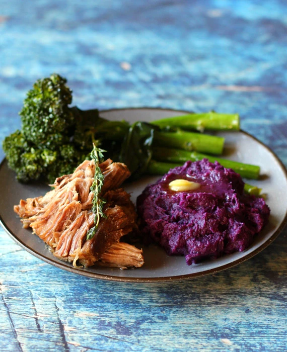 Pork Shoulder with Broccoli Raab and Mashed Purple Potatoes