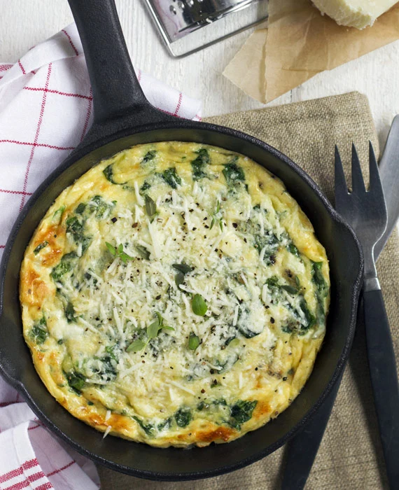 Greek Frittata with Spinach, Feta and Olives  and Raspberry-Almond Salad 