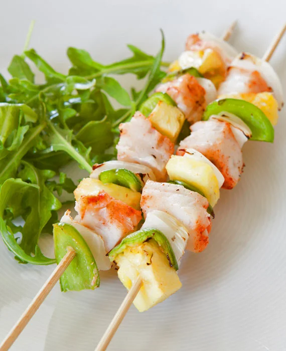 Chili Spiced Halibut Kabobs with Avocado Salsa and Mixed Green Salad with Cumin Lime Vinaigrette