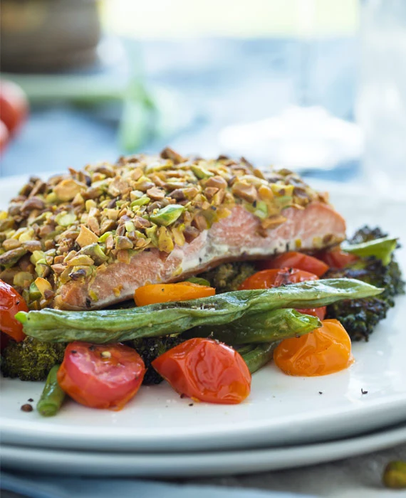 Pistachio-Crusted Wild Salmon and Mixed Green Salad with Avocados and Citrus Vinaigrette   