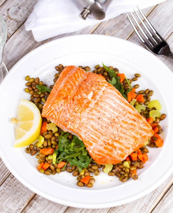 Mustard Baked Salmon with Lentils and Arugula Salad