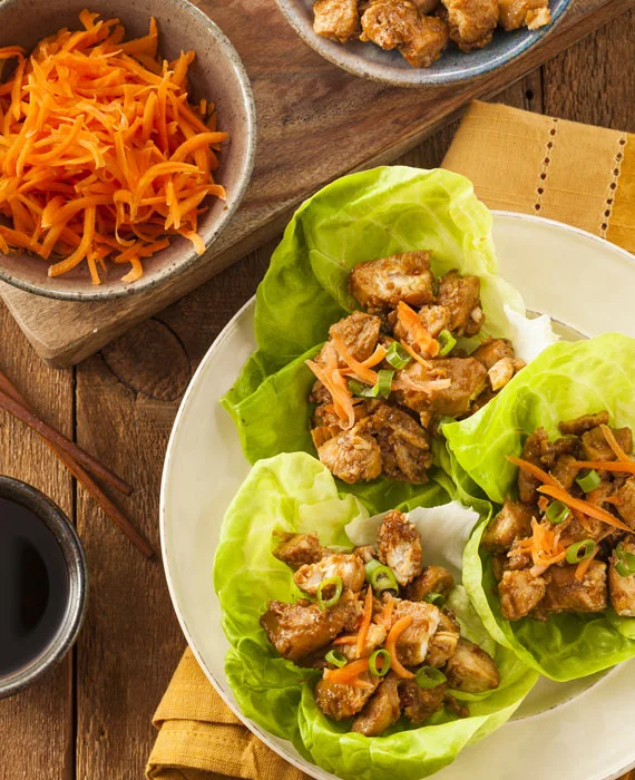Thai Lettuce Wraps with Chicken, Spicy Peanut Sauce and Stir Fry Veggies