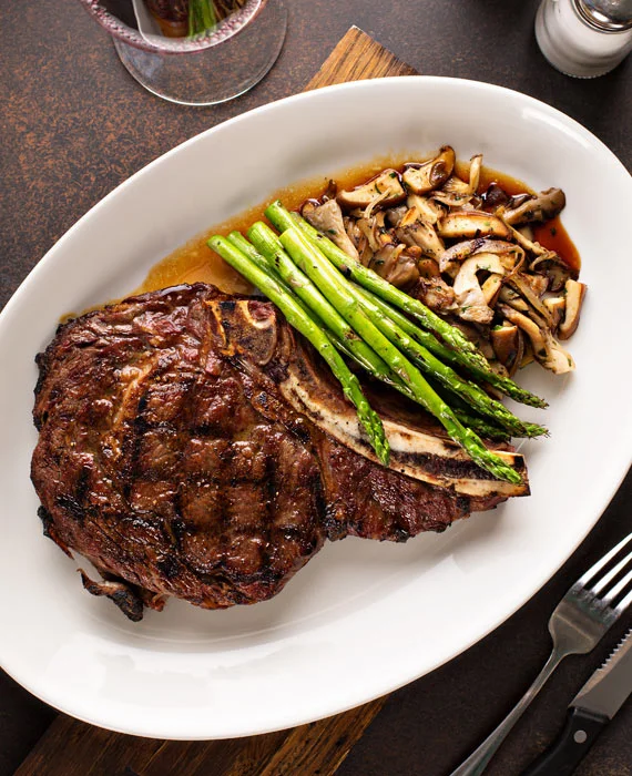 Herb-Rubbed Grass-Fed Steaks with Sauteed Mushrooms and Asparagus