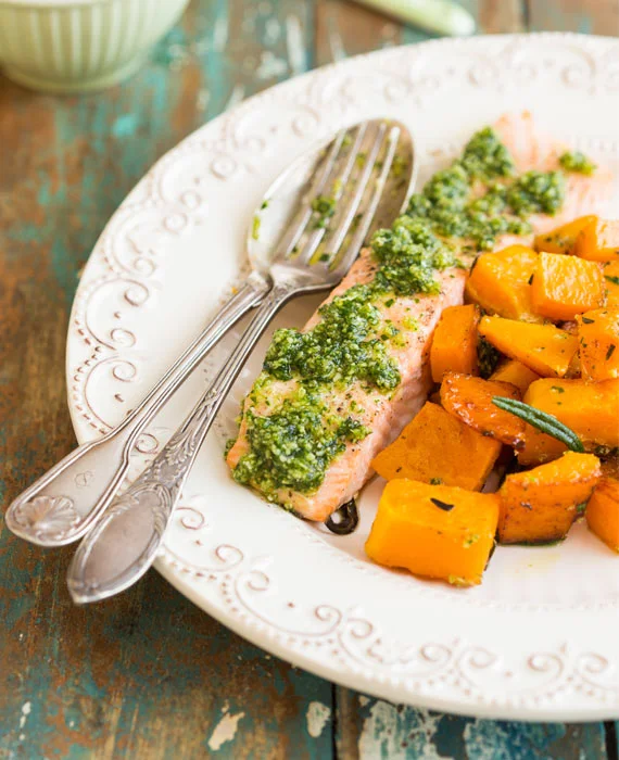 Wild Salmon with Artichoke Pesto, Roasted Butternut Squash and Wilted Spinach