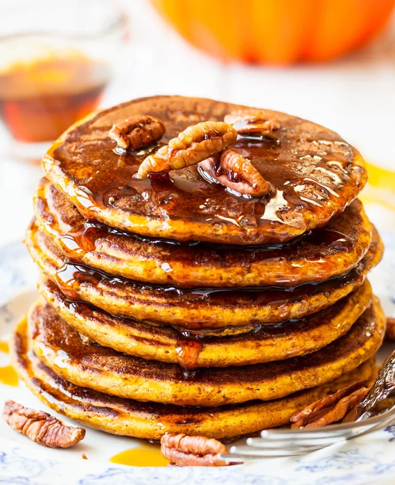 Paleo Pumpkin Pancakes with Blueberries and Bacon