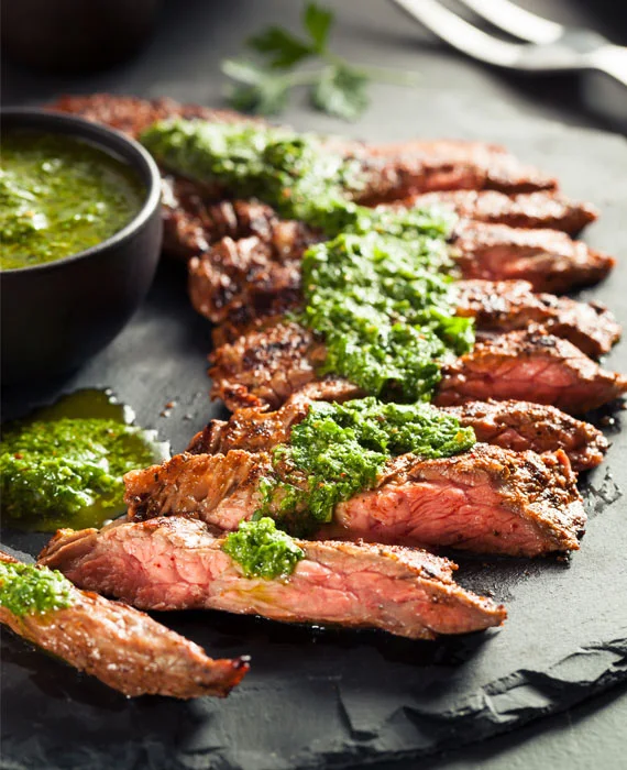 Grass-Fed Skirt Steak with Chimichurri Dressing and Sauteed Broccoli