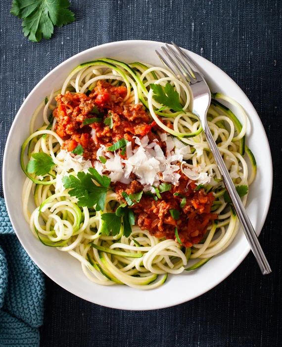 Superfood Bolognese, Zucchini Spaghetti and Mixed Green Salad