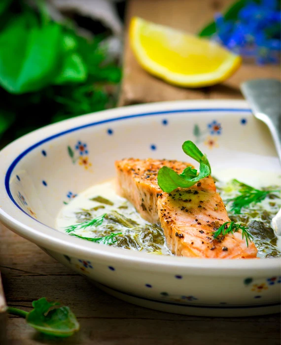 Baked Wild Salmon with Coconut Creamed Leeks