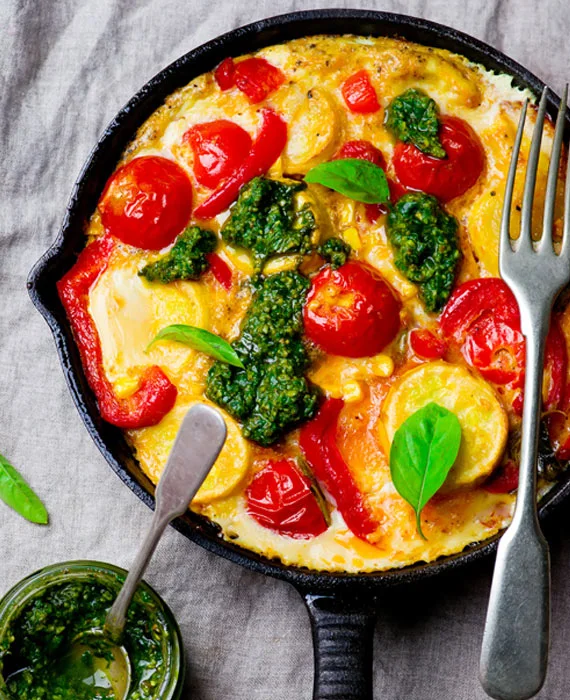 Cheddar Omelet with Quick Pesto & Tomatoes