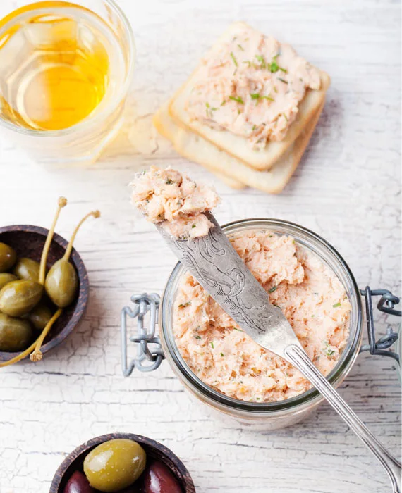 Dill Salmon Pate, Rosemary Paleo Crackers & Olives