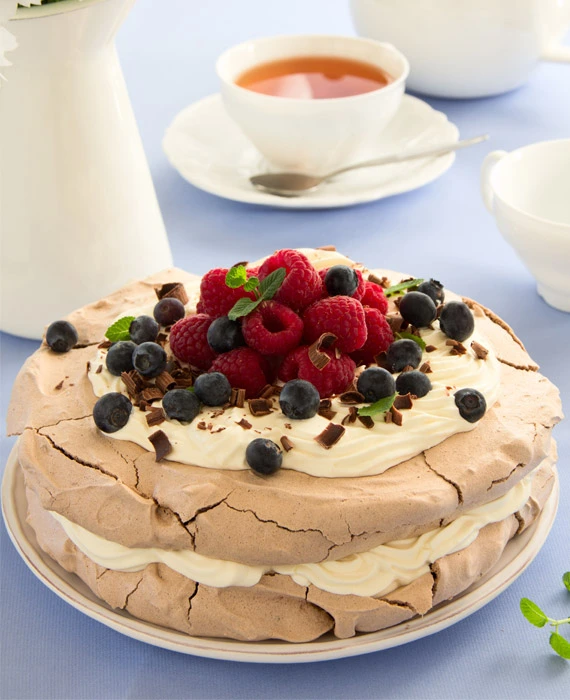 Dessert: Chocolate Pavlova with Chambord Cream and Fresh Berries