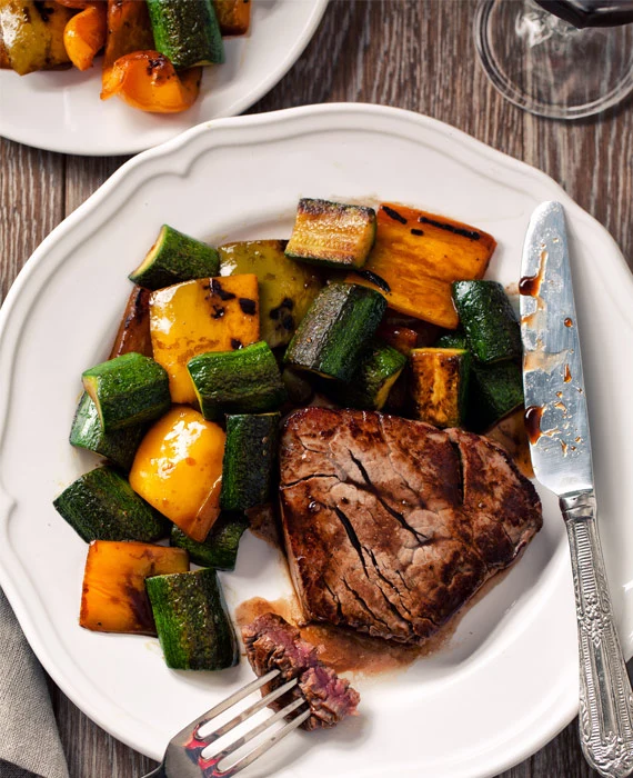 Grass-Fed Steak with Summer Squash and Pine Nuts