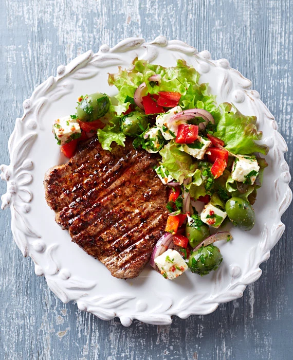 Grass-Fed Steak with Olive, Tomato and Feta Salad