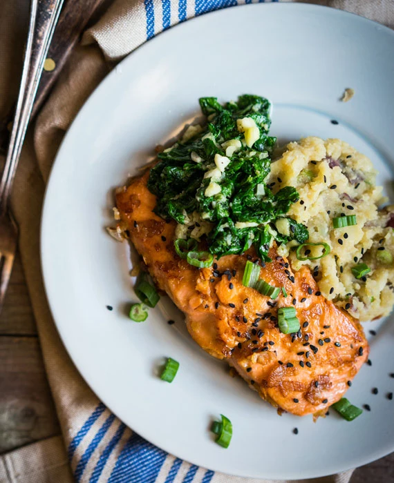 Broiled Salmon with Mashed Cauliflower & Sauteed Spinach