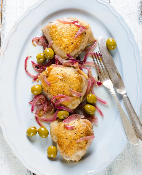 Braised Chicken Thighs with Red Onion and Castelvetrano Olives