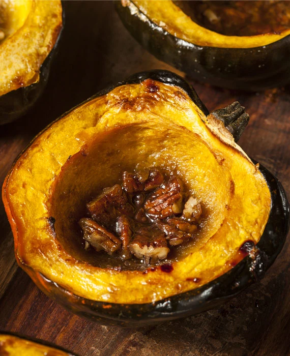 Roasted Acorn Squash with Coconut Sugar, Butter and Pecans