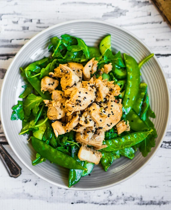 Ginger Sesame Chicken with Snap Peas + Spinach