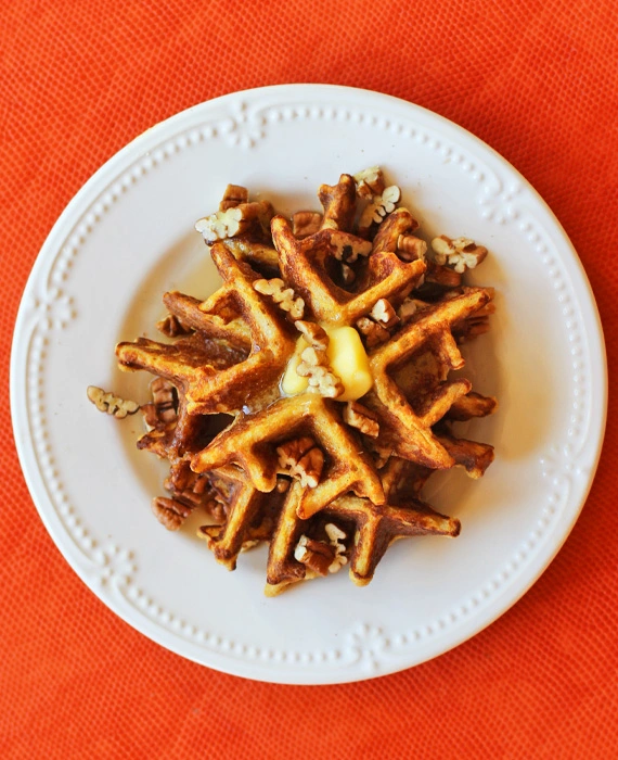 Keto Pumpkin Waffles with Butter, Syrup and Pecans