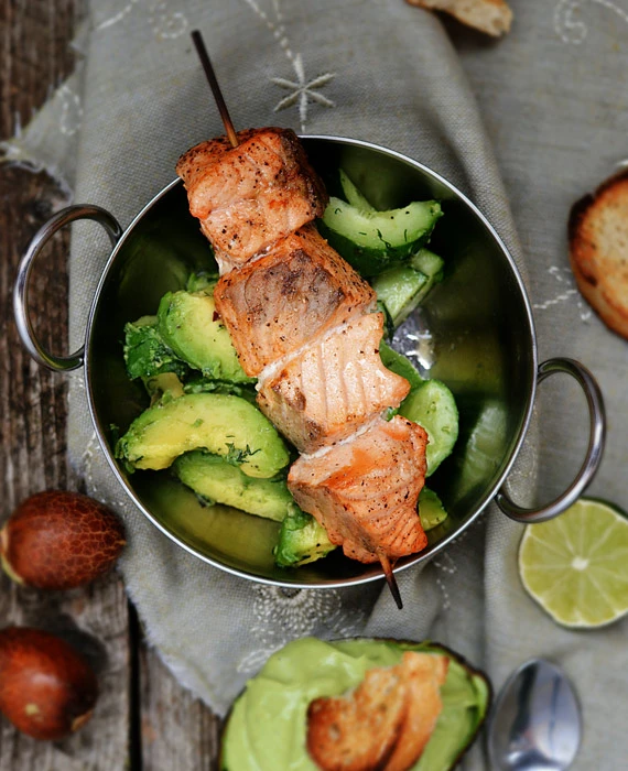 Grilled Wild Salmon Skewers with Avocado