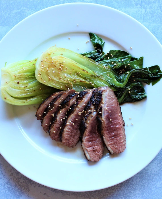 Asian Pan-Seared Duck Breasts with Quick-Braised Baby Bok Choy