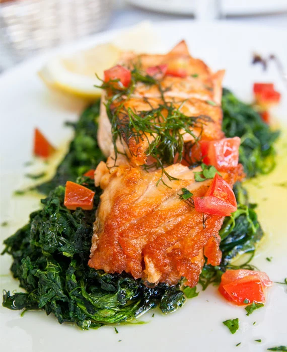Pan-Roasted Wild Salmon with Grape Tomatoes and Wilted Spinach